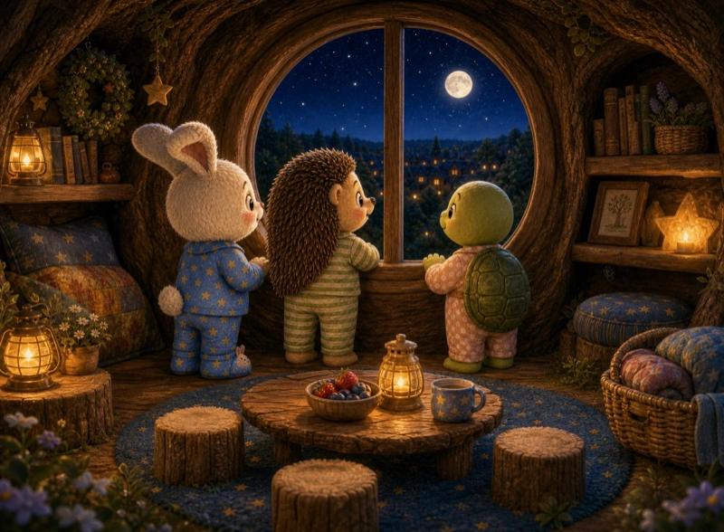 Cozy bedtime scene of friends in pajamas gazing at the moon from a warm treehouse nook lit by lanterns